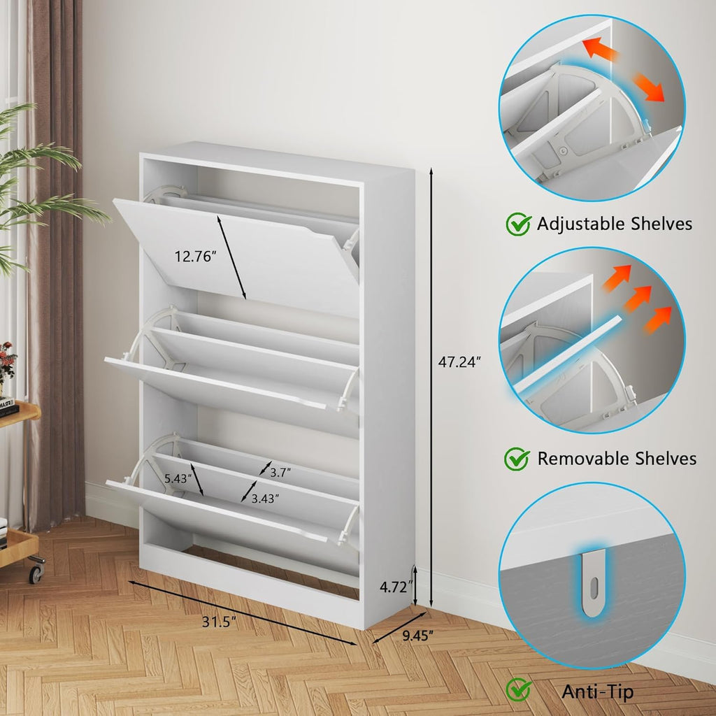 Shoe Cabinet with 3 Flip Drawers, Hidden Wood Shoe Cabinet,Freestanding Shoe Storage Cabinet Hallway.White. 47.2"