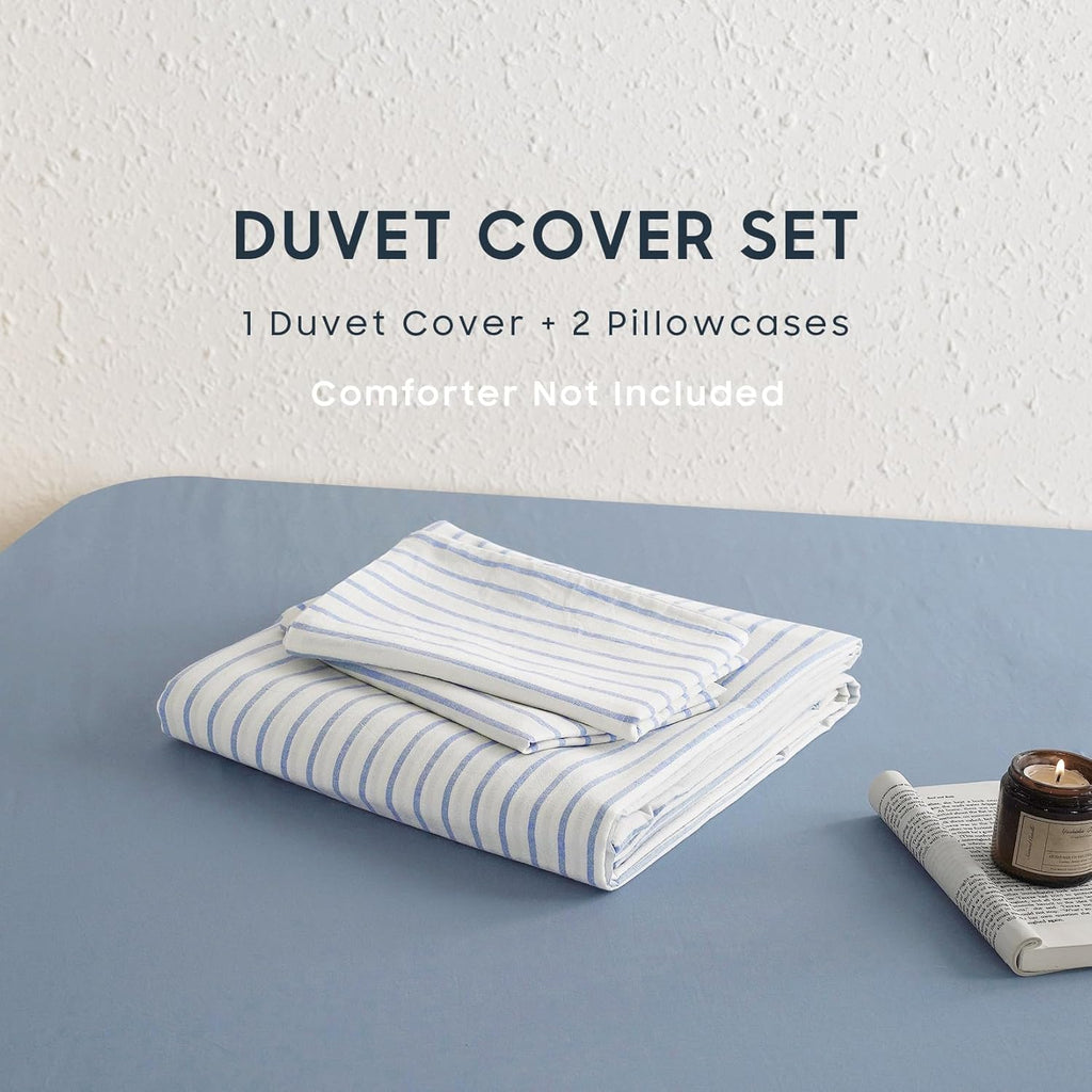 Striped Cotton Duvet Cover Set, Ticking Stripe Vertical Pinstripe Farmhouse, 100% Washed Cotton Textured Bedding Set