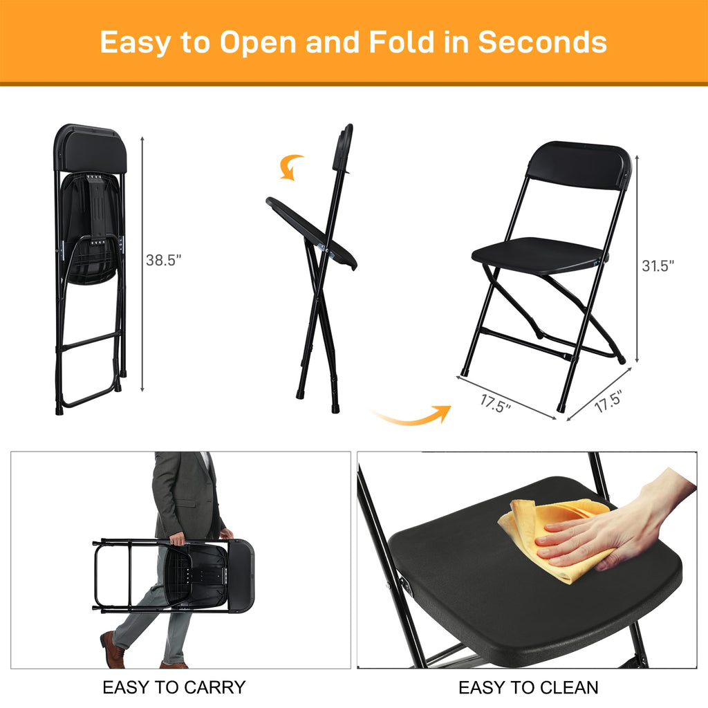 60 Pack Black Plastic Folding Chairs, Portable Party Chairs, Stackable Commercial Seats with Steel Frame Wedding
