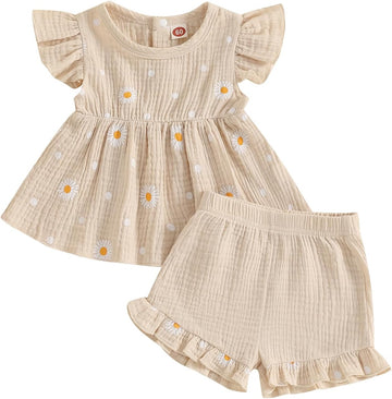 Infant Baby Girl Clothes Outfits Daisy Print Ruffle Sleeve Shirt Top Shorts