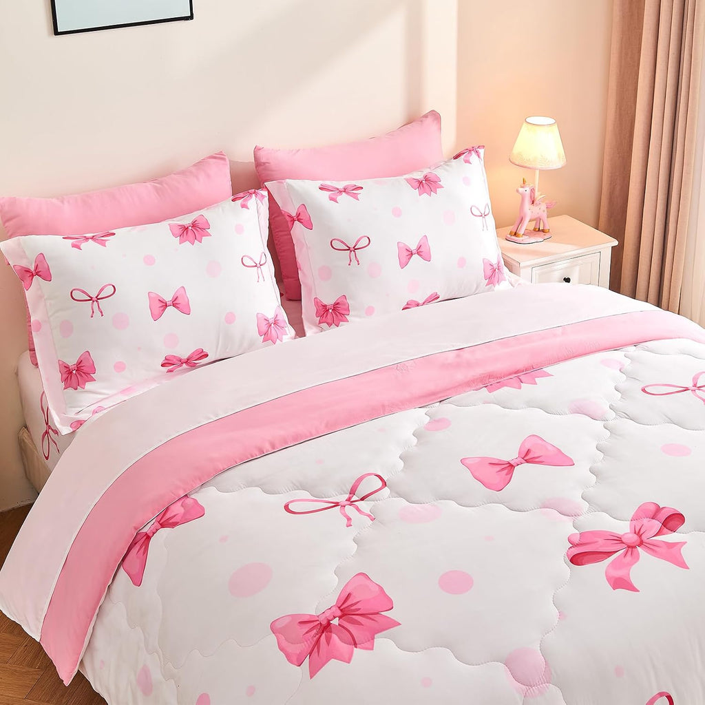 7 Piece Pink Bow Bedding Set for Girls Kids Comforter Set with Sheet and 2 Pillowcases 2 Pillow Shams Cute Girls