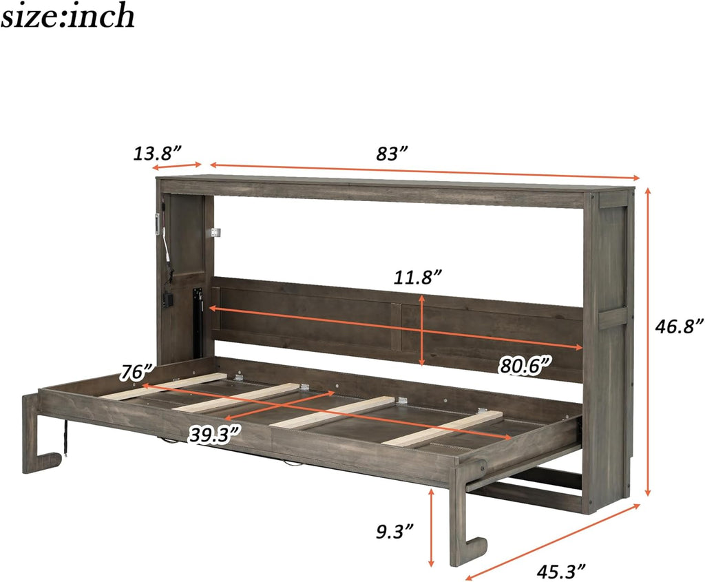 Folding Wall Bed Twin, Hidden Murphy Bed Twin with LED Lights, Space Saving for Bedroom Office, Brown