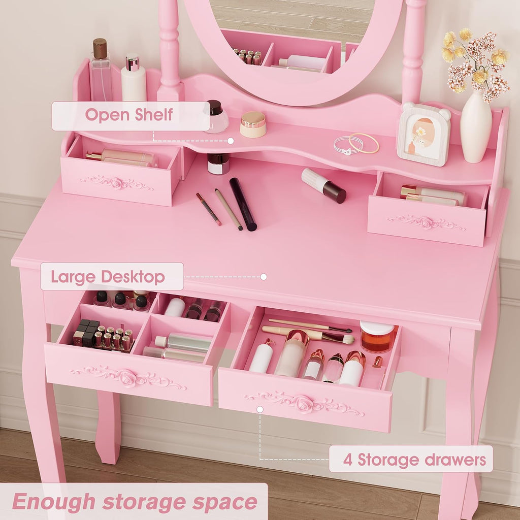 Vanity Desk Set with Mirror & Stool for Girls, Pink | Makeup Vanity Table and Cushioned Stool Set with 4 Drawers