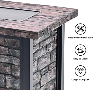 48 inch Propane Fire Pit Table, with Fiberglass Faux Wood Top, 50,000 BTU | Aluminum-coated steel legs, Includes lava