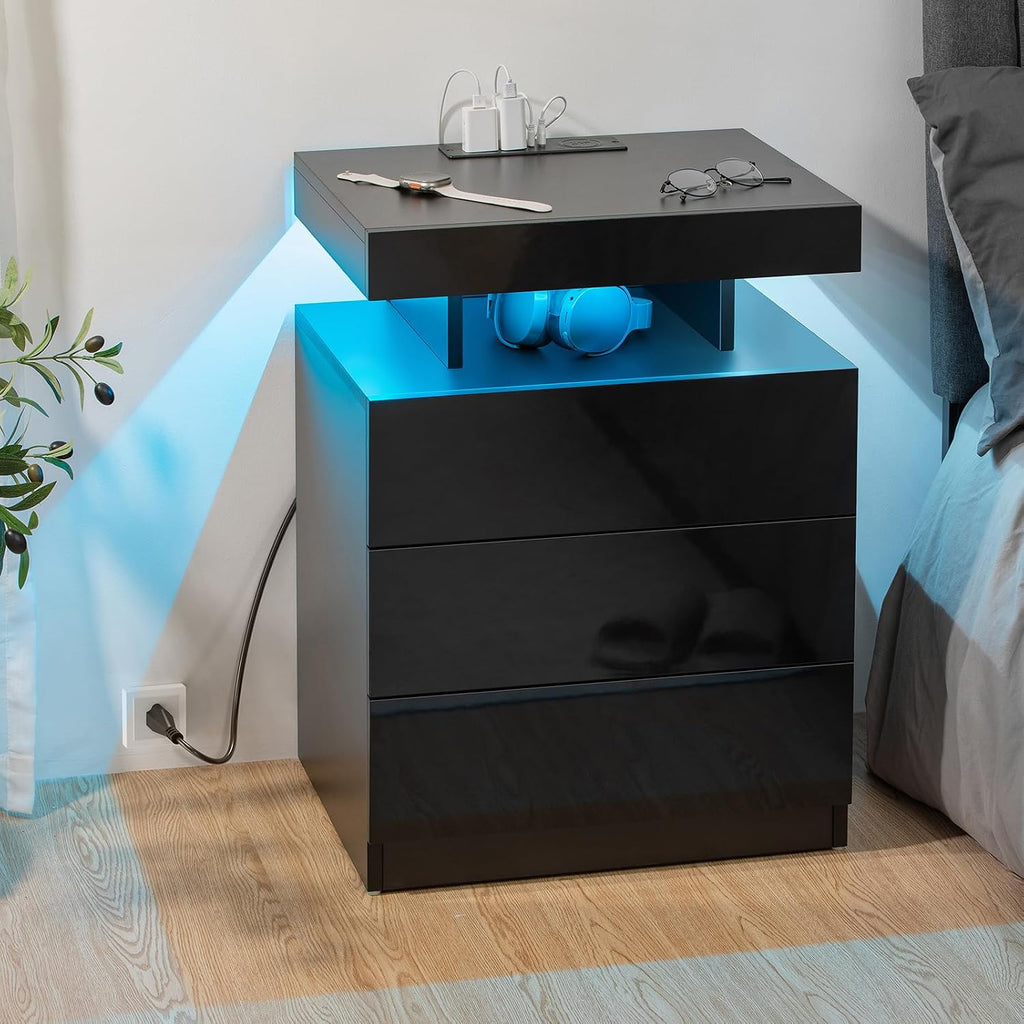 LED Nightstand with Wireless Charging Station & USB Ports, Modern Bedside Table, 3 Drawer Black Night Stand with Open