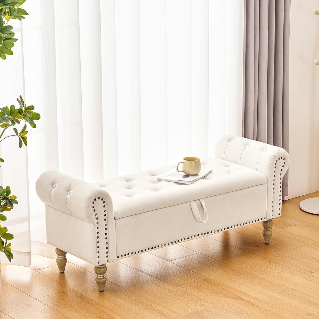 Storage Bedroom Bench for End of Bed, Faux Linen Upholstered Storage Ottoman with Rolled Arms , 2.5Cubic Feet