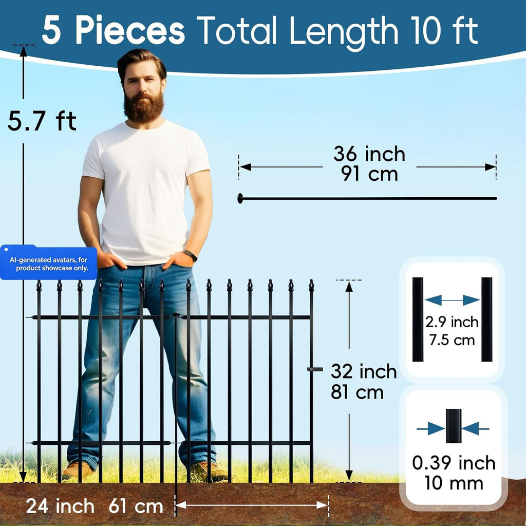 Metal Garden Fence 32 in H x 24 in W 5 Panels (4 Panels + 1 Gate) Total Length 10 ft, No Need Dig Rustproof Animal