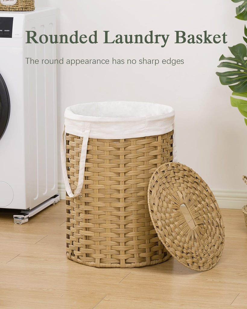 Laundry Hamper with Lid Laundry Basket with Lid 72L, Natural | 19 Gal Round PE Rattan Hamper with Lid, Removable