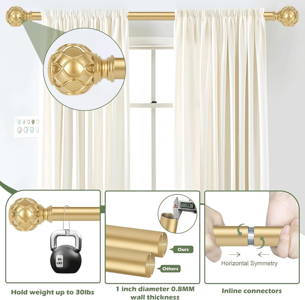 Gold Curtain Rods for Windows:Farmhouse Boho Decorative Curtain Rod for Bedroom Living Room,Heavy Duty Adjustable
