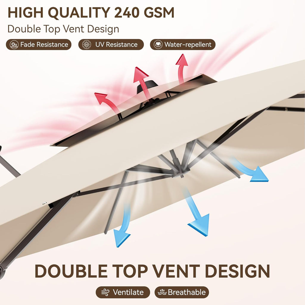 10x13 FT Patio Umbrella, Large Cantilever Rectangular Double Top Heavy Duty Offset Umbrellas with 360° Rotation