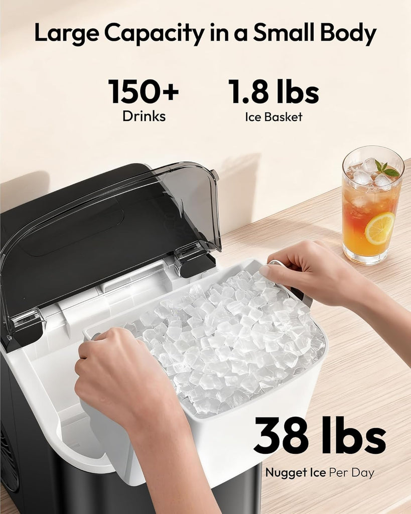 Nugget Ice Maker Countertop with Handle, Ready in 6 Mins, 38lbs/Day, Removable Top Cover, Self-Cleaning, Portable