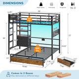 Twin Over Full Bunk Bed with 4 Storage Drawers and Bookshelf, Metal Bunk Beds with LED Lights, Charging Station