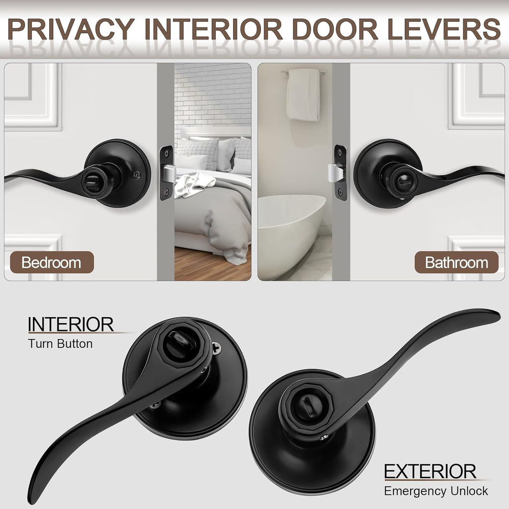 6 Pack Matte Black Door Handles Privacy Door Levers, Heavy Duty Wave Style Bed/Bath Door Locks Interior Door Knobs