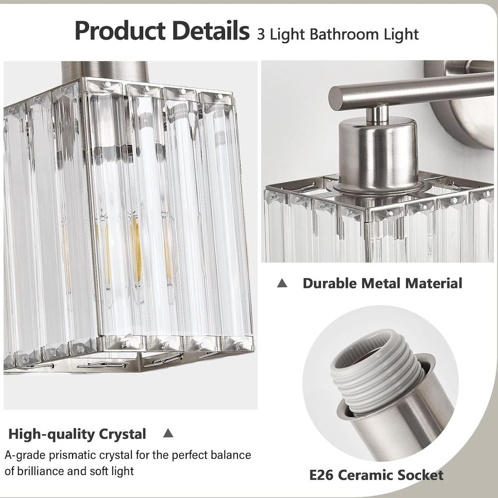 3 Light Bathroom Light Fixtures, Modern Crystal Vanity Lights over Mirror | Metal Frame, Bathroom Light with Square