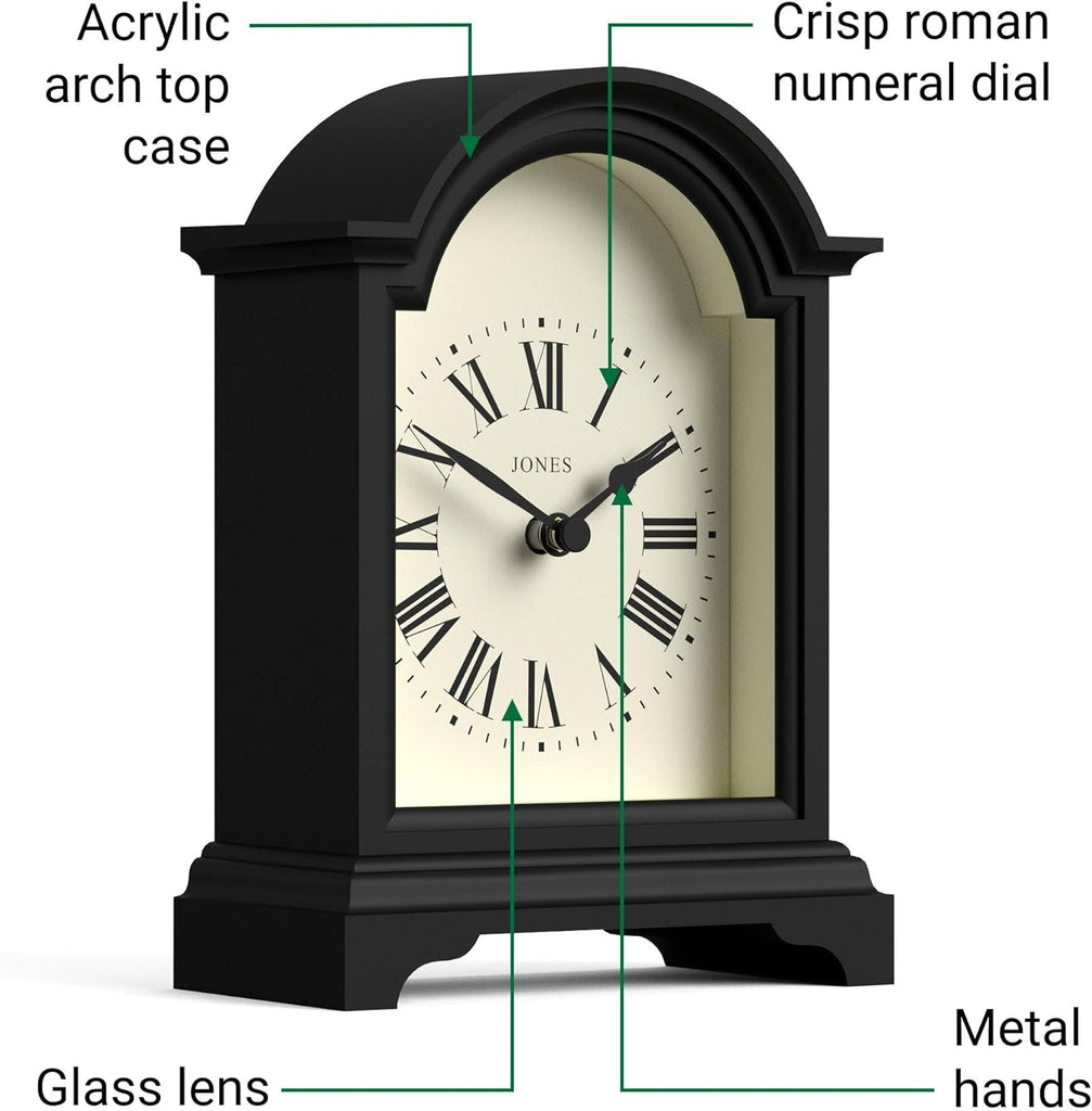 Bistro Mantel Clock - Small Classic Arch top Carriage Clock Design - Black - Contemporary Classic Style for Mantel, Desk, Table, Shelf...