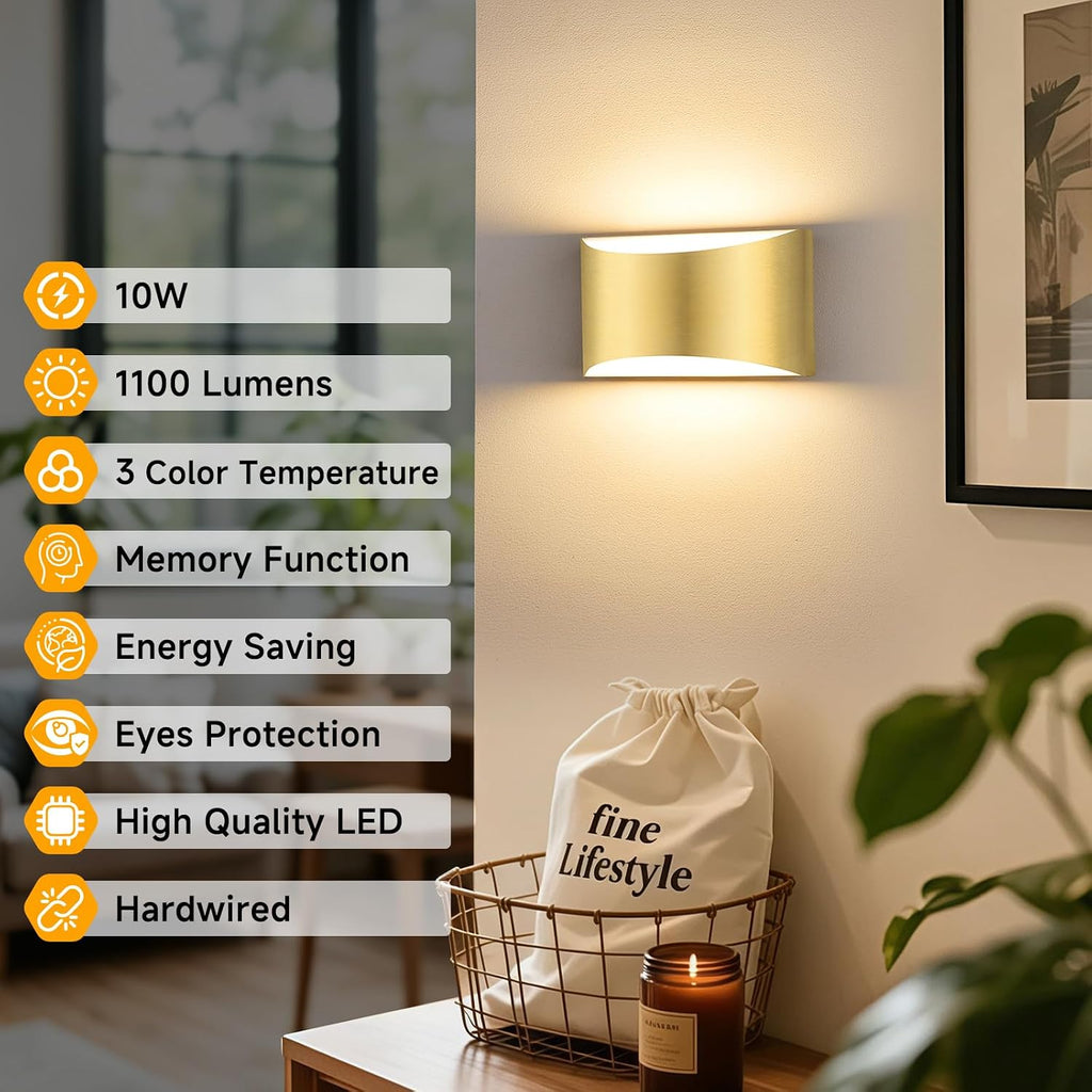 Modern LED Wall Sconce Set of 2, Gold Indoor Wall Lighting Fixture with 3 Colors Temperatures, 10W Up/Down Hardwired