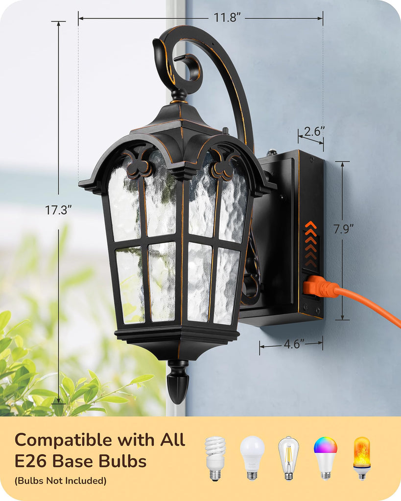 Dusk to Dawn Outdoor Wall Light GFCI Outlet Black Waterproof