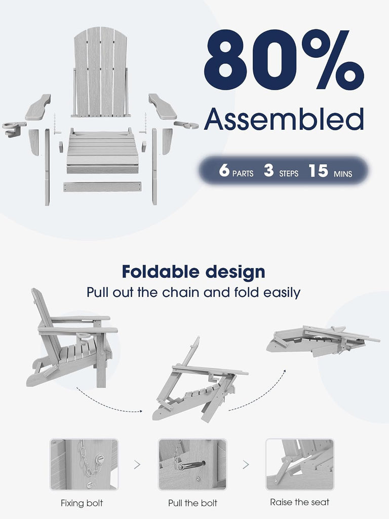 Folding Adirondack Chair with 2 Cup Holders, Silver Grey | HDPE Composite | Waterproof | Wood Grain | Hidden Cup &