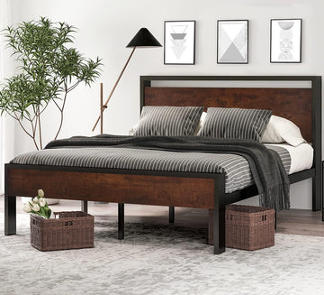 14 Inch Queen Metal Platform Bed Frame with Wooden Headboard and Footboard, Mattress Foundation, No Box Spring