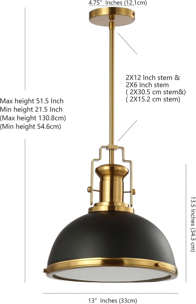 13" Black/Brass Gold Modern Industrial Iron LED Dome Pendant Light, Adjustable Hanging Fixture for Kitchen Island or