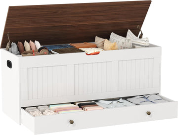 44.3" Storage Chest with 2 Drawers, Retro Wooden Storage Trunk with 2 Safety Hinges,Large Shoe Bench with Storage