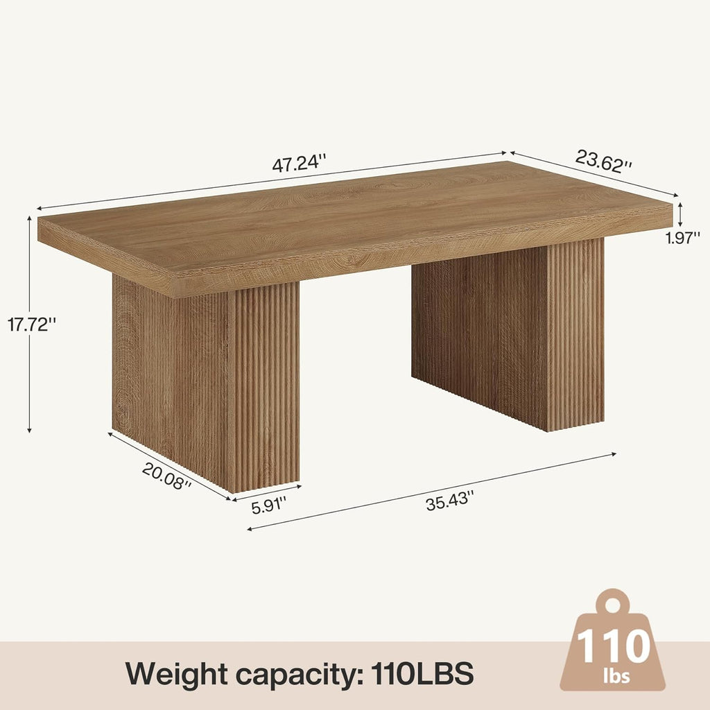 Farmhouse Coffee Table, 47.24 Inch Rectangle Center Table with Large Tabletop & Thick Base, Rustic Wooden Furniture