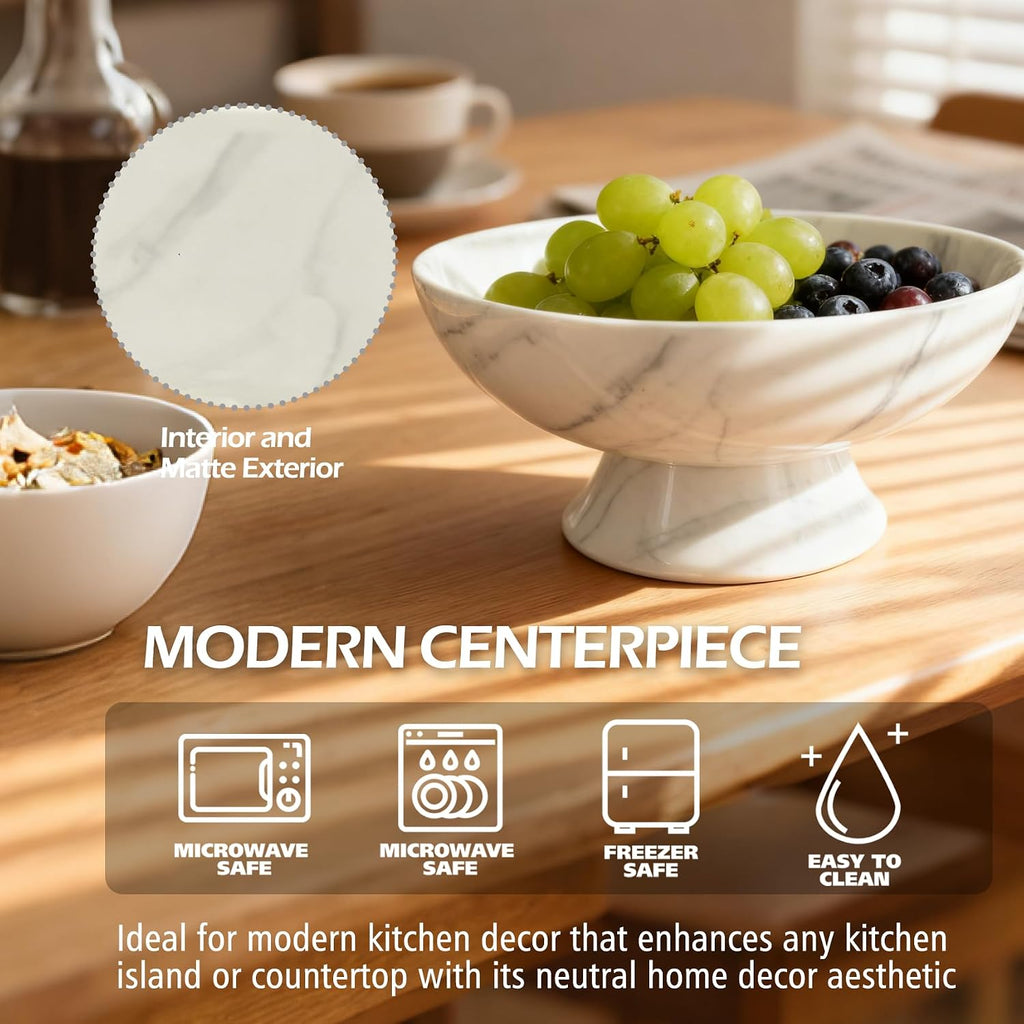 White Marble Texture Pedestal Decorative Bowl - Minimalist Decorative Fruit Bowl Counter, Entryway,Multi-Purpose