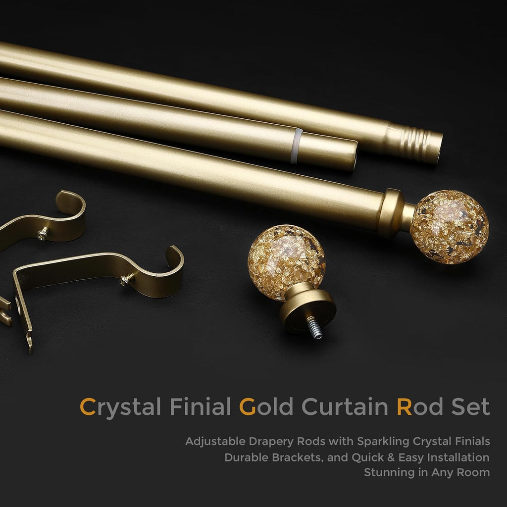 Gold Curtain Rods for Windows, 1'' Heavy Duty Adjustable Drapery Rod with Unique Crystal Ball Finials