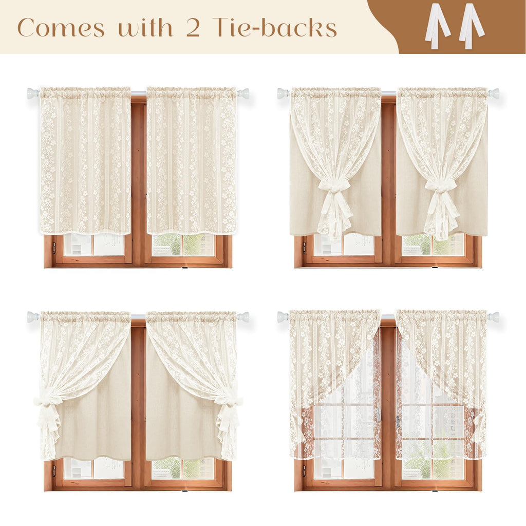 Linen Kitchen Curtains 36 Inch Length, Double Layered Window Curtain 2 Panel Sets Rod Pocket Short Curtains