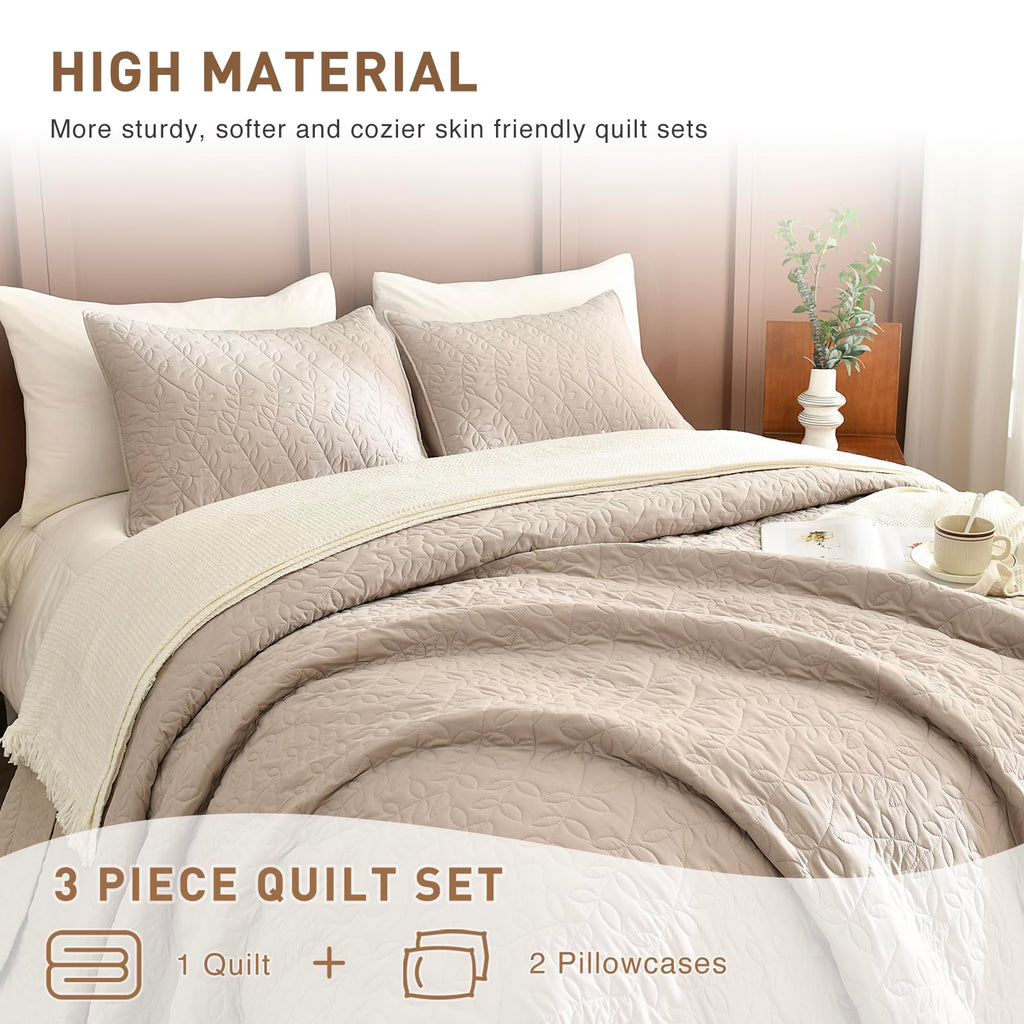 Queen Bedspreads 102x118 Leaves Pattern Printed Bedspreads & Coverlets, 3 Pcs Linen Feel Queen Quilt Set Lightweight