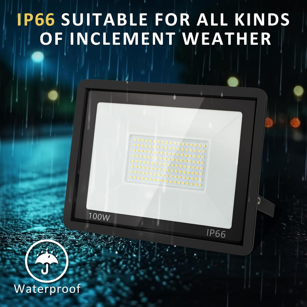100W LED Flood Light Outdoor, 10000LM Super Bright Floodlight Outside Work Lightwith Plug, 6500K Daylight White LED