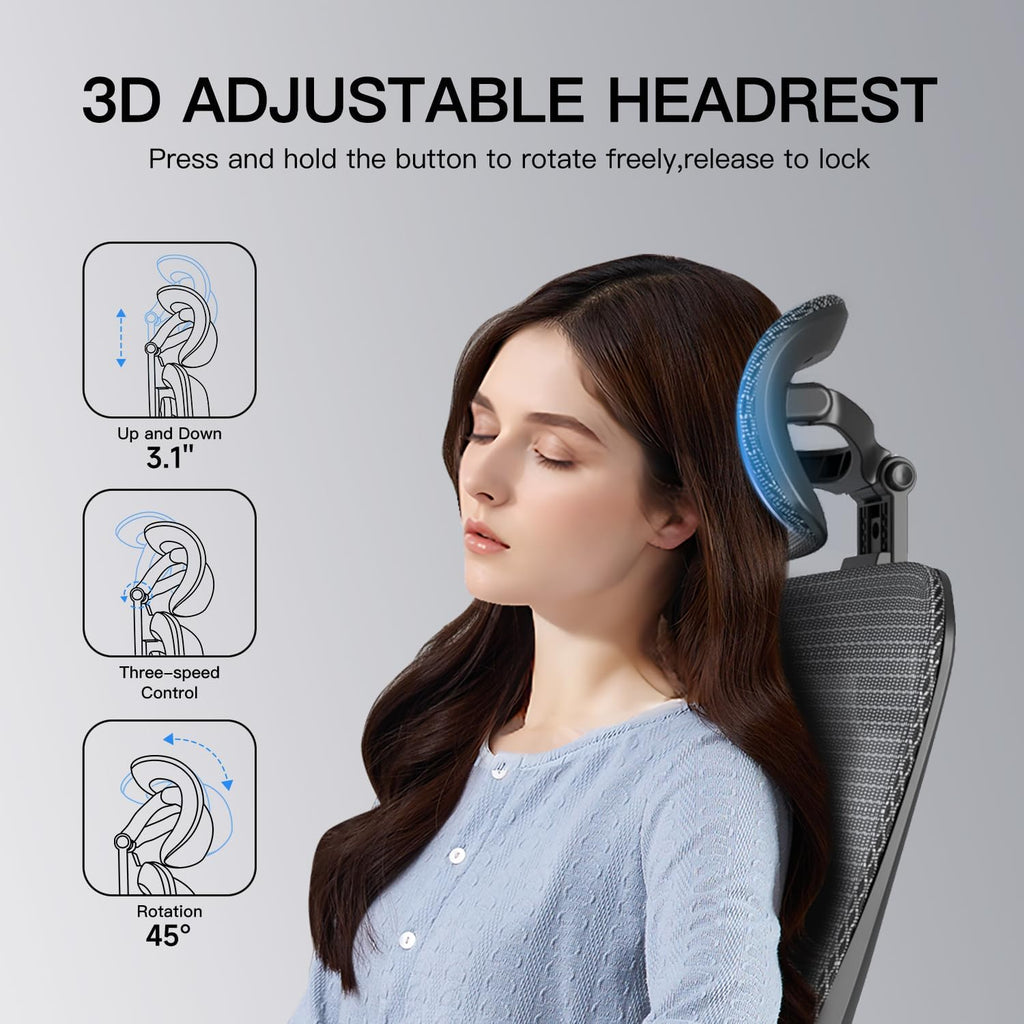 Ergonomic, Mesh Desk Chair with 3D Armrests, Adjustable Lumbar Support and Headrest, 90-120° Rocking Function, Black