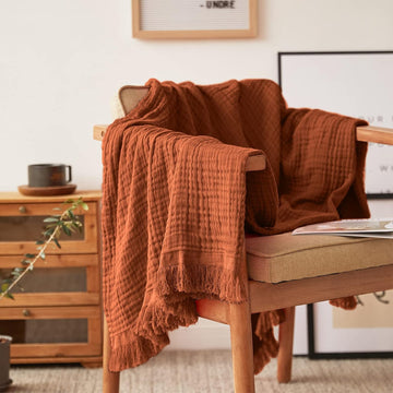 Cotton Muslin Throw Blanket, Knit Woven Gauze Blanket with Tassels, Soft Lightweight Cozy Pre-Washed Breathable