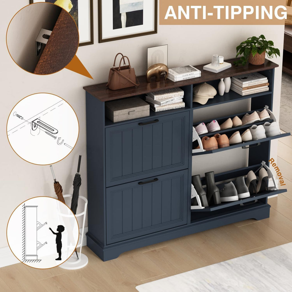 Shoe Storage Cabinet with 4 Flip Drawers, Farmhouse Modern Hidden Shoes Rack Cabinet with Adjustable Shelves & Open