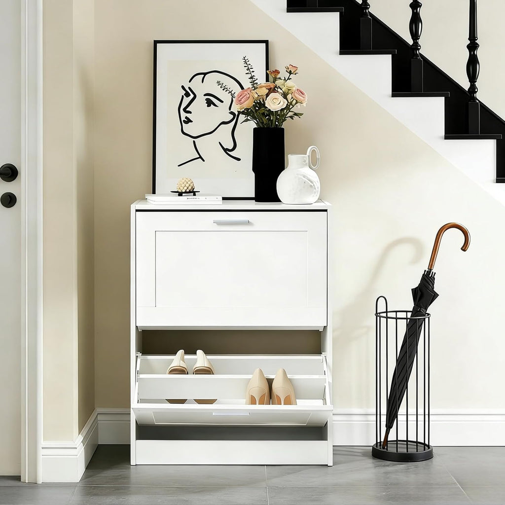 Shoe Cabinet Storage , Narrow Shoe Cabinet with Two Flip Drawers to Save Space, Shoe Rack Cabinet for Front Door