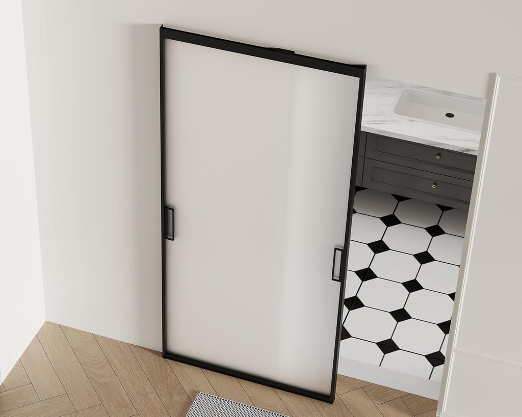 Concealed Track Sliding Glass Barn Door - 40" x 87" Frosted 5/16" Tempered Glass, Soft-Close Hydraul