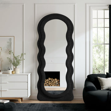 Full Length Mirror 71"x30" Irregular Wavy Full Body Wall Mounted Floor Mirror with Stand Black Flannel Frame Leaning