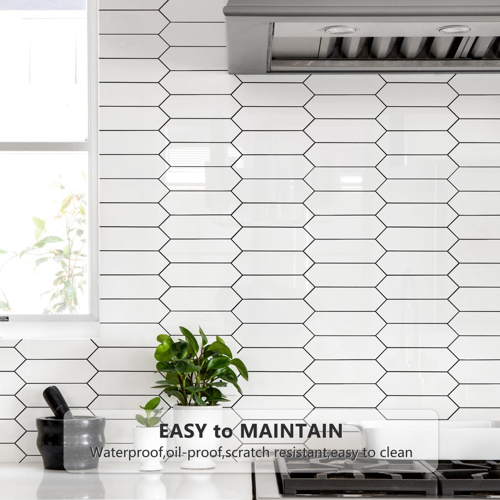 Glossy White Backsplash Tile Peel and Stick, 12.8 x 12.8 Inch 10 Sheets Long Hexagon PVC Self Adhesive Mosaic Wall