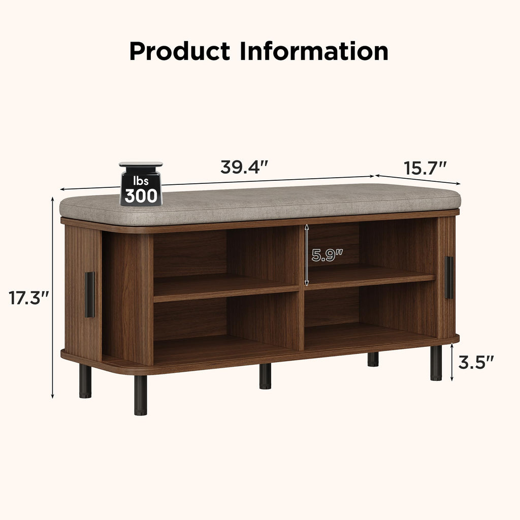 39" Upholstered Shoe Storage Bench, Entryway Bench with Linen Seat Cushion, 2 Tier Hidden Shoe Rack with Adjustable