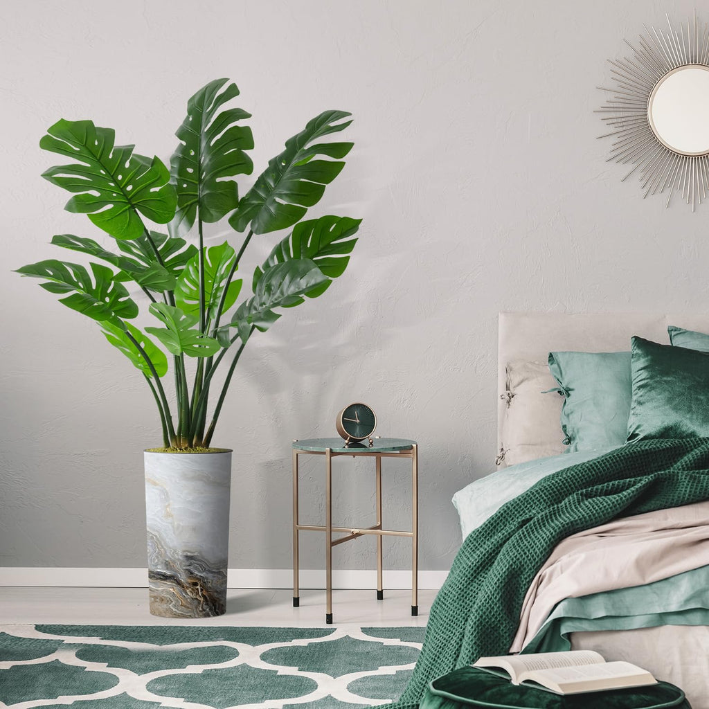 Artificial Tree in Modern Granite Effect Planter, Fake Monstera Silk Tree for Indoor and Outdoor Home Decoration