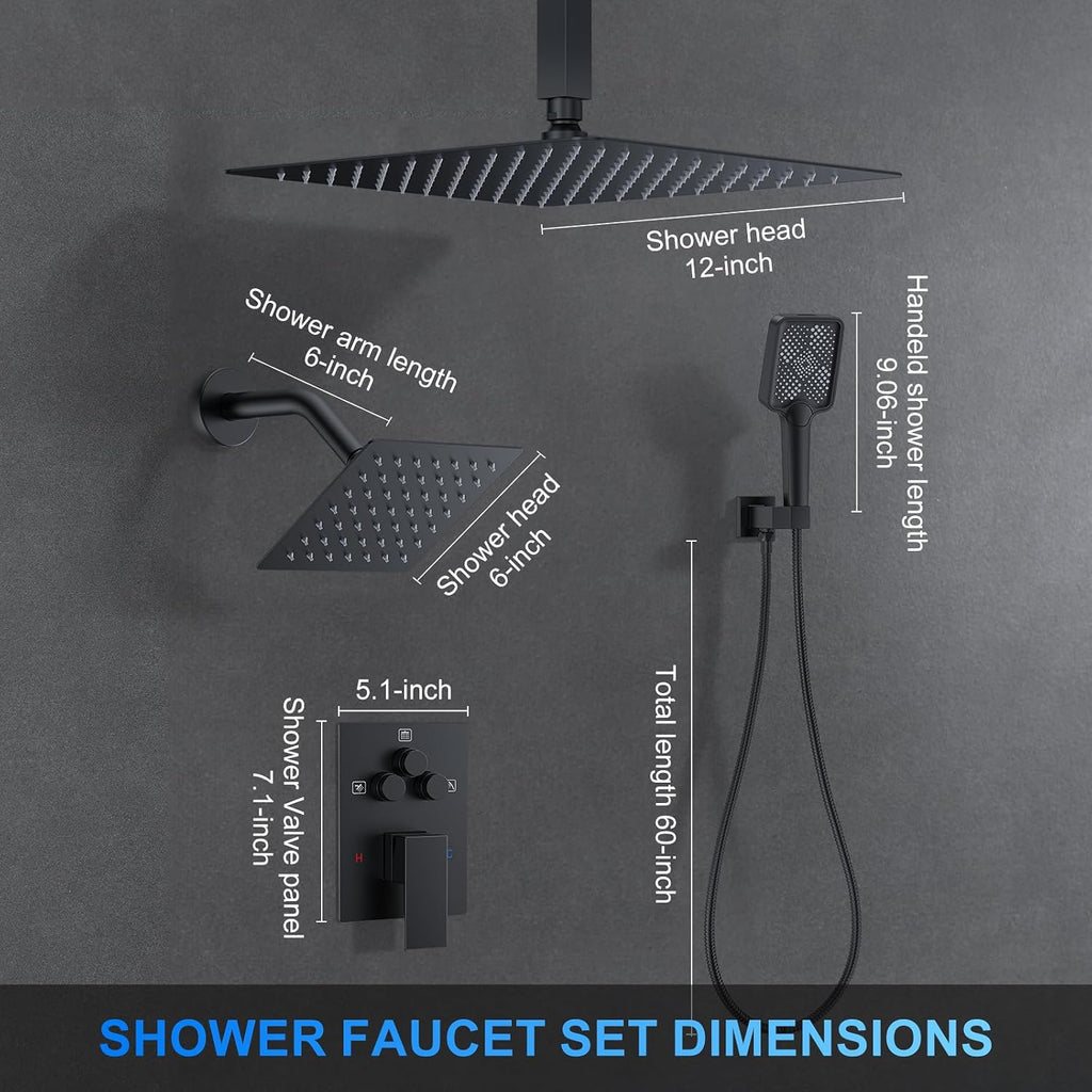 Shower Faucet Set, 12" Ceiling Mount Rainfall Shower System with 12'' Top Head+6'' Side Head and Multi-function