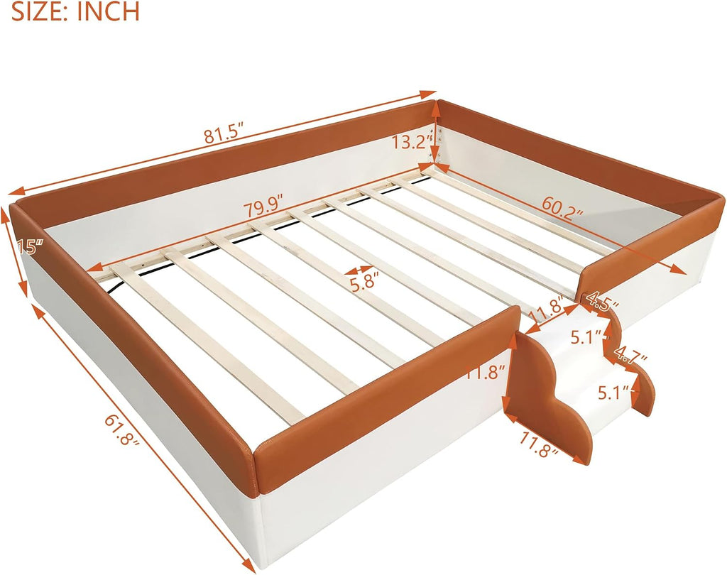 Queen Size Upholstered Daybed Frame with Fence and Stairs, Montessori Kids Floor Bed with Sturdy Slat Support for