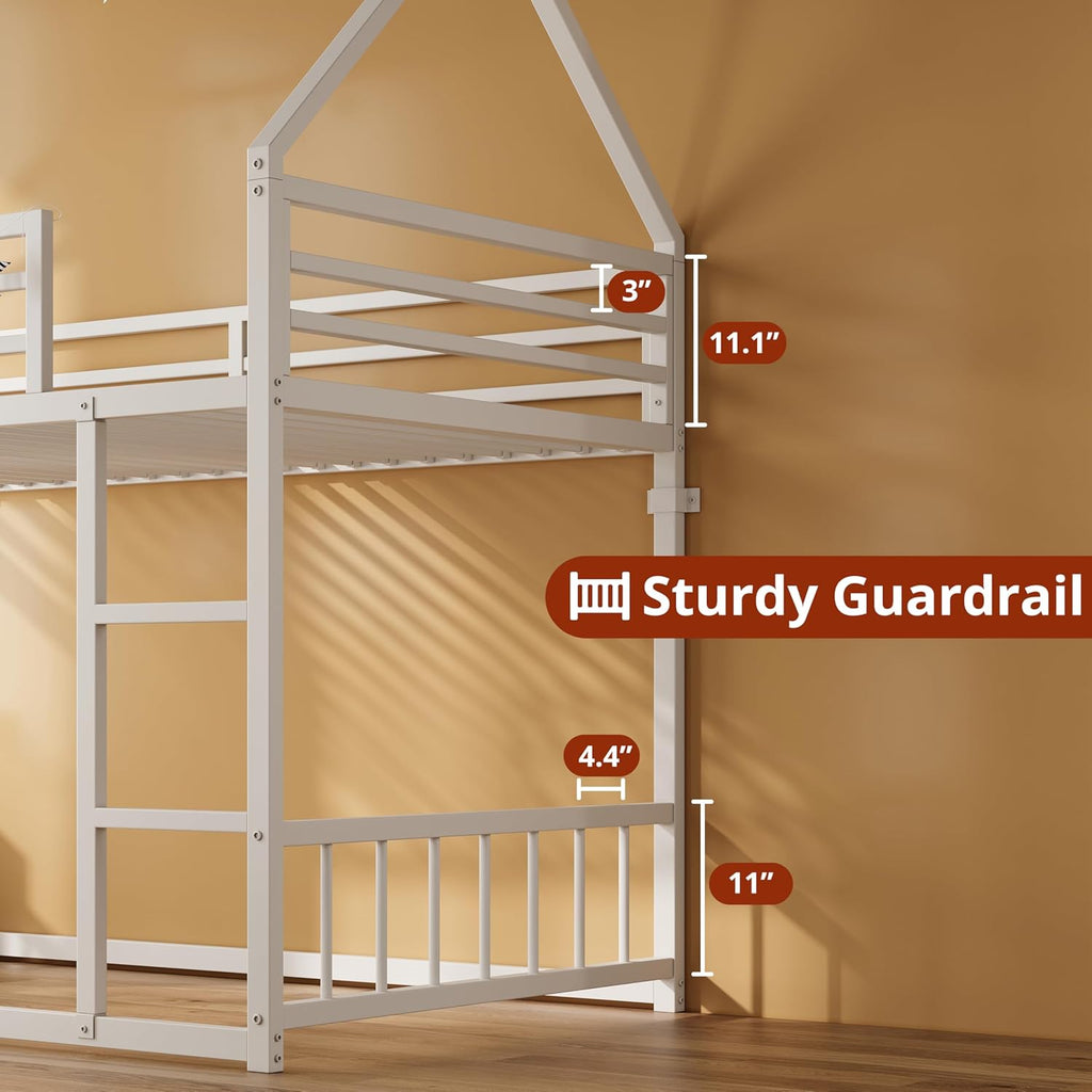 Bunk Bed Twin Over Twin, House Bunk Bed Frame with Ladder and Guardrail