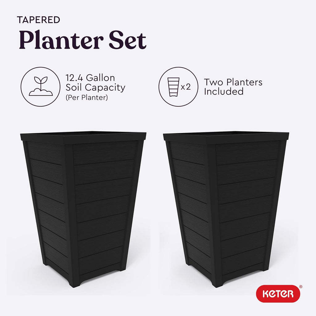 Set of 2 Resin Modern Outdoor 22 Inch Tall Large Flower Pots, Tapered Wood Look Planters for Outdoor Plants and Front