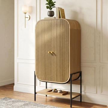 Arched Armoire Wardrobe Closet, Modern Wood Bedroom Clothing Storage Cabinet with Fluted Doors, 66" Tall Standing