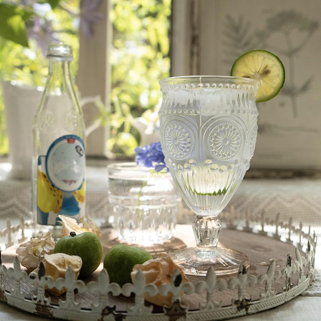 Vintage Goblet Glasses Set of 6, 10 oz Heavy-Duty Pressed Glass Water or Wine Glasses with Ornate Design for Dining