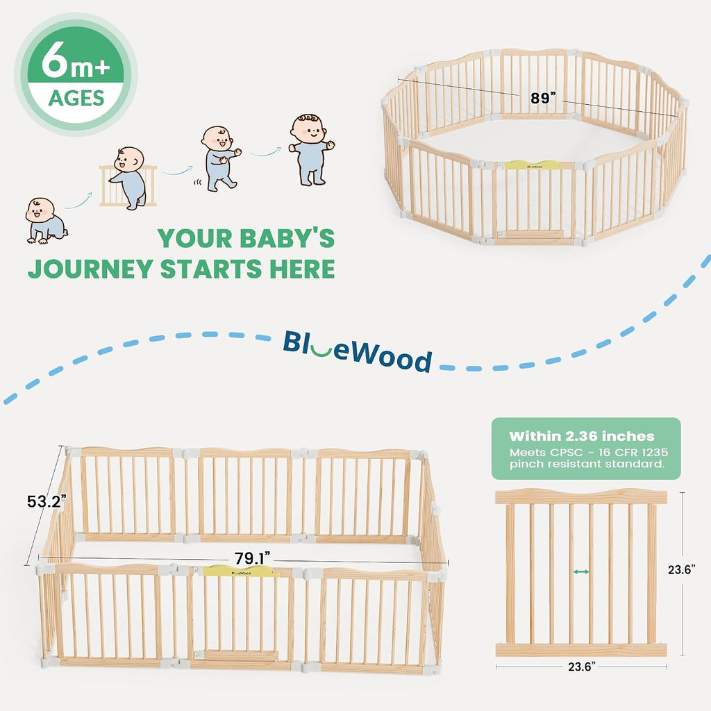 Foldable Wooden Playpen, Natural Pine, 30 x 30 x 24 inches