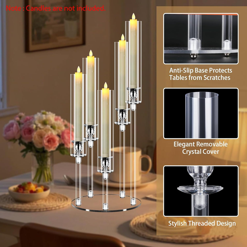 5 Arm Acrylic Candelabra Centerpieces for Tables,4 Sets Clear Candle Holder,Table Decorations,22.8" Tall Candlestick