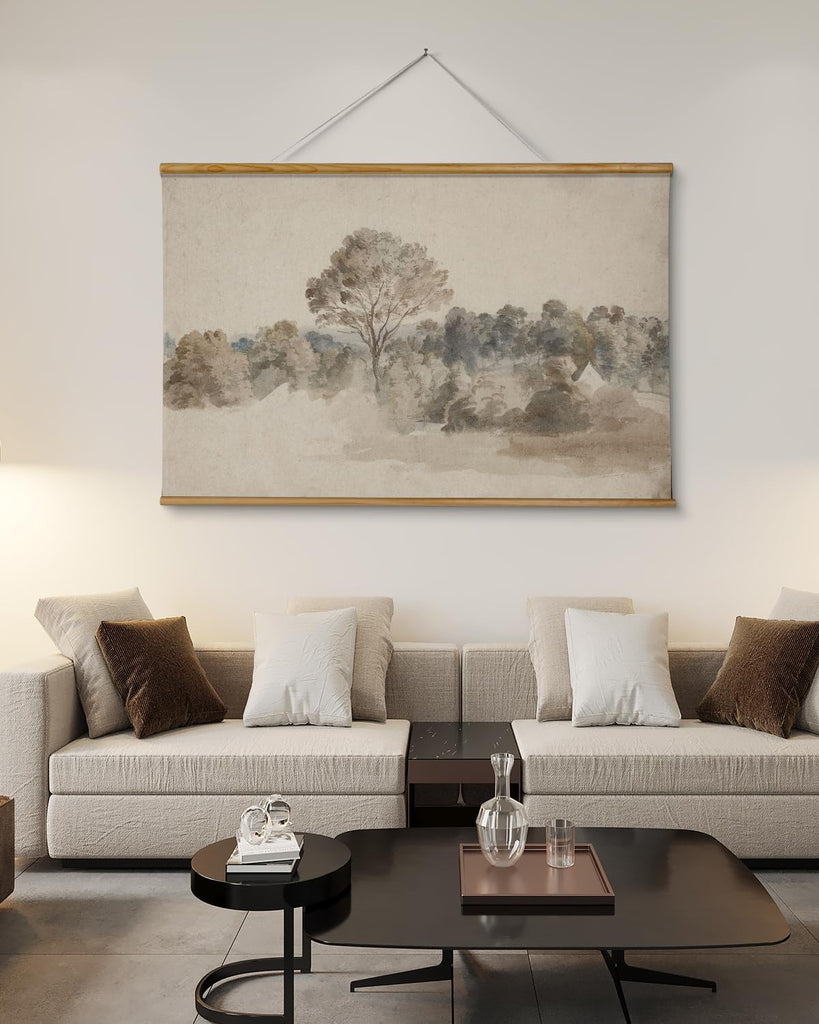 Extra Large Size Canvas Wall Art, 36x54 Vintage Scroll Hanging Landscape Print, Rustic Watercolor Countryside Scene
