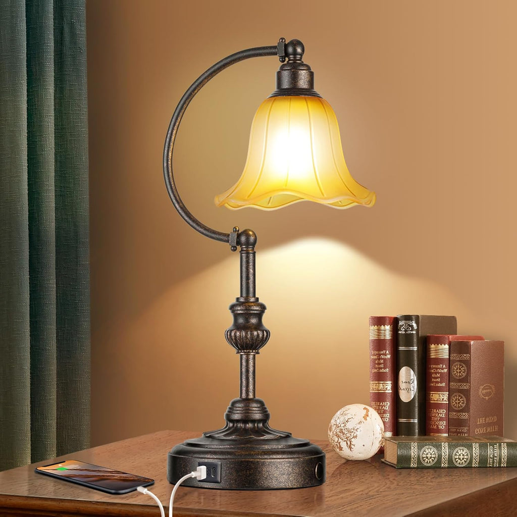 Farmhouse Table Lamp, 3-Way Dimmable Rustic Nightstand Lamp with USB A+C Ports